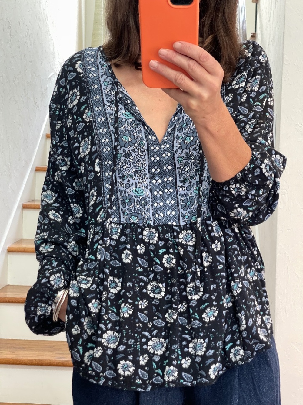 Lucky brand floral navy blue long sleeve blouse women L